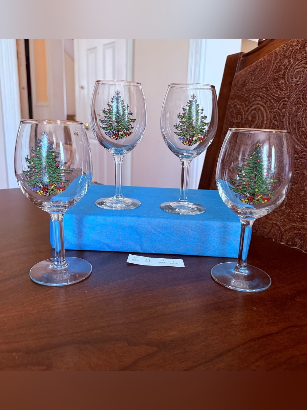Set of 4 Cuthbertson Christmas Tree 10 Oz Glassware Wine Goblet Gold Rim #2